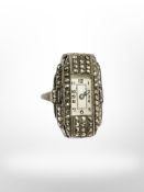 A vintage silver and marcasite ring watch, size O.
