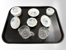 Six pieces of Wedgwood Clementine porcelain and two items of lead crystal.