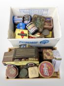 A box and a pine crate containing assorted vintage tins,