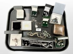 A group of jewellery including a pair of 9ct gold pearl earrings, a silver pendant and earring set,