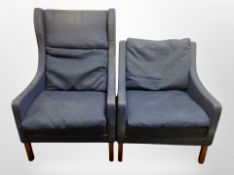 A 20th century Danish wing back armchair in blue upholstery and further matching armchair