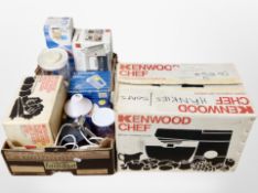 A box of kitchen wares including Kenwood mixers, Kenwood chef in box, etc.