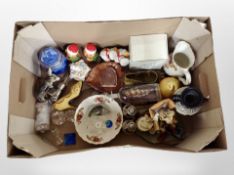 A box of assorted ceramics including Ringtons caddy, glass paperweights, ship in bottle,