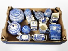 A box of Ringtons blue and white caddies, chintz tea pots, etc.
