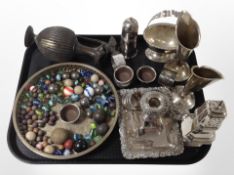 A group of silver-plated wares including sifters, chamber stick, tray,