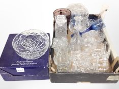 A box of assorted crystal including drinking glasses, decanters, boxed Edinburgh Crystal fruit bowl,