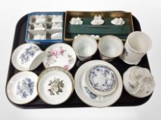 Several Royal Worchester porcelain pins dishes, Minton trinket box, Coalport porcelain placeholders,