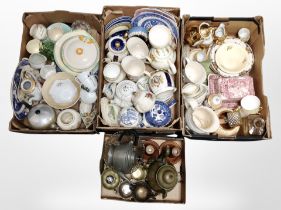 Four boxes containing 20th century ceramics, willow-pattern china, metalwares, candlesticks, etc.