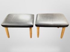 A pair of 20th century Scandinavian black vinyl upholstered stools on teak legs