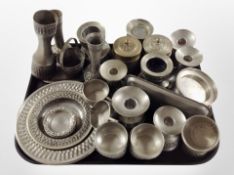 A group of Norwegian pewter wares, including dishes, cups, candleholders, etc.