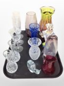 Several studio glass vases, a snail paperweight, pair of champagne flutes, etc.