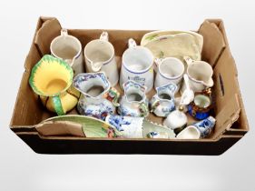 A box of ironstone china, Delft shoes, English Art Deco hand painted jug,