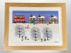 Gordon Barker : Figures in snow with a red bus, acrylic, 34 cm x 24 cm, framed.