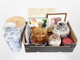 A box of kitchen storage jars, oriental pottery vases, glassware, etc.