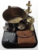 A brass jam pan, pair of candlesticks,