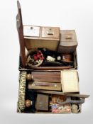 Two boxes containing Scandinavian wooden items including two drawer index chest, mangle board,