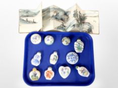 A group of Chinese porcelain scent bottles, a Japanese panoramic watercolour, Limoges pillbox, etc.