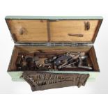 Four painted joiners tool boxes containing assorted hand tools, carpentry tools, files,
