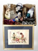 A box containing assorted decorative wares including figurines, candelabra, globe,