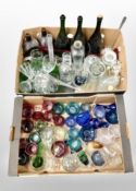 Two boxes of 20th century Scandinavian glassware including drinking vessels, decanters, bottles,