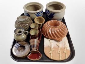 A group of Danish studio pottery wares including two salt-glazed pots, a pastry mould, egg cups,
