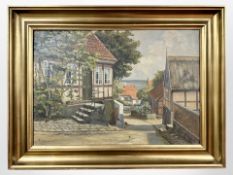 Danish School : A cobbled street with tiled houses, oil on canvas, 63 cm x 43 cm.