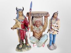 Two diecast resin Native American figures, and a further plant stand, tallest 64cm.