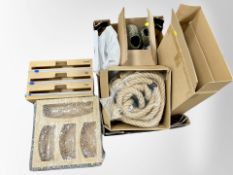 A box of new retail stock items - kitchen rack, ceramic ornament,
