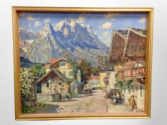Danish school : cobble street with mountains beyond, oil on canvas,