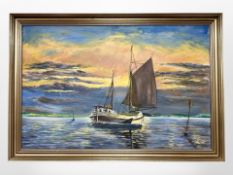 Danish School : A fishing boat in calm waters, oil on canvas, 97 cm x 64 cm.