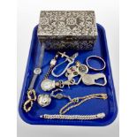 A contemporary jewellery casket and a small quantity of modern fob watches, wristwatches,