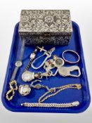 A contemporary jewellery casket and a small quantity of modern fob watches, wristwatches,