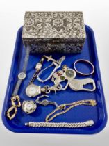 A contemporary jewellery casket and a small quantity of modern fob watches, wristwatches,