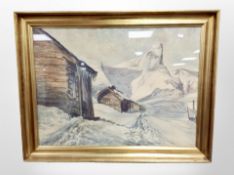 Continental School : Log cabins in snow covered mountains, watercolour,