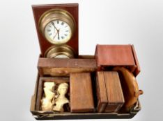 A box of Victorian and later boxes, brass cased combination clock barometer, busts,