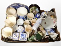 A box of Maling lustre ceramics, Ringtons china, Nao figures,
