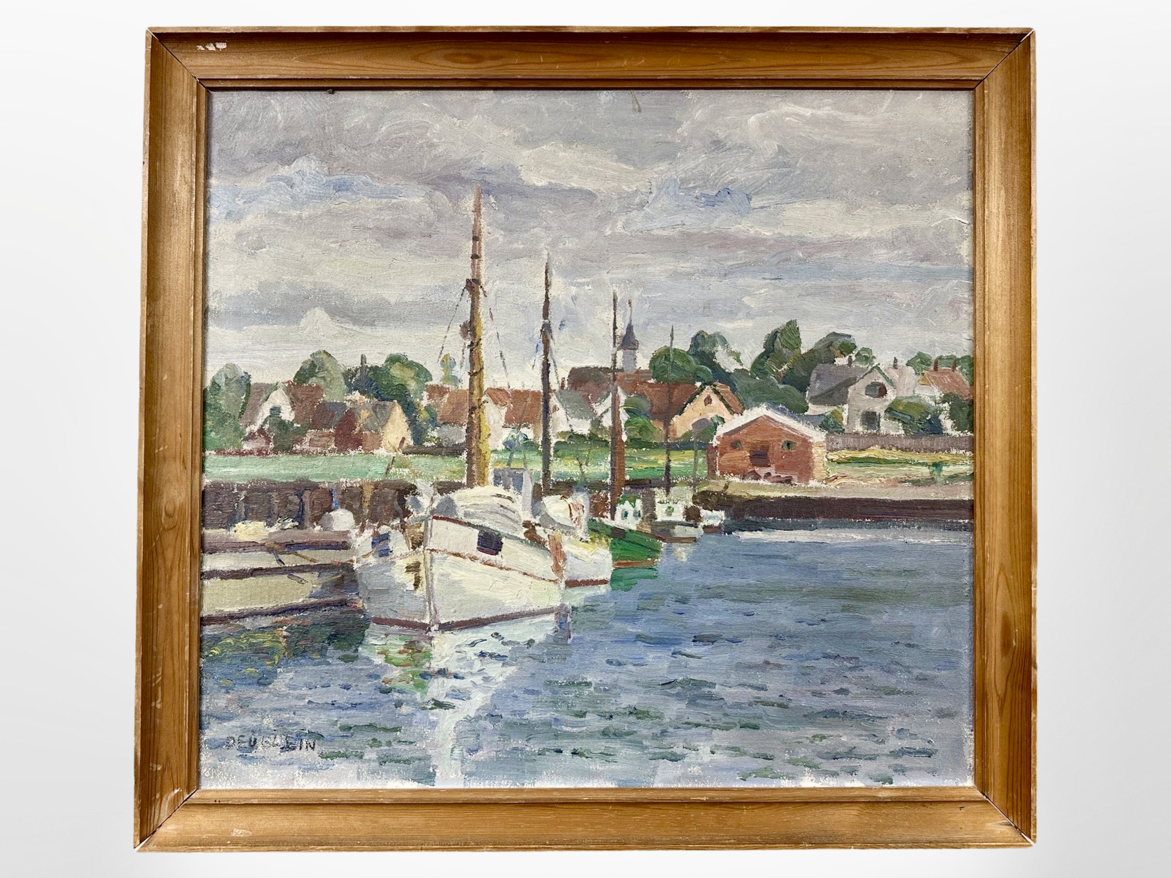 Danish School : Fishing boats by a pier, oil on canvas, 52 cm x 47 cm.