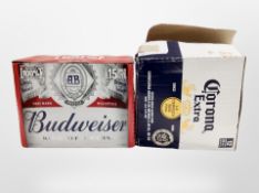Two boxes of Corona extra and Budweiser beer.