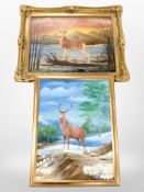 Two contemporary J Stamp oil paintings depicting stags,
