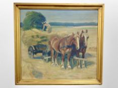 20th century School : Horses pulling a cart, oil on canvas,