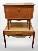 A Continental teak work table fitted a drawer raised on castors,