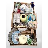 Three boxes containing various ceramic pots and plates, picture frames, cutlery, kitchenwares.