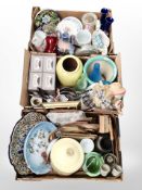 Three boxes containing various ceramic pots and plates, picture frames, cutlery, kitchenwares.