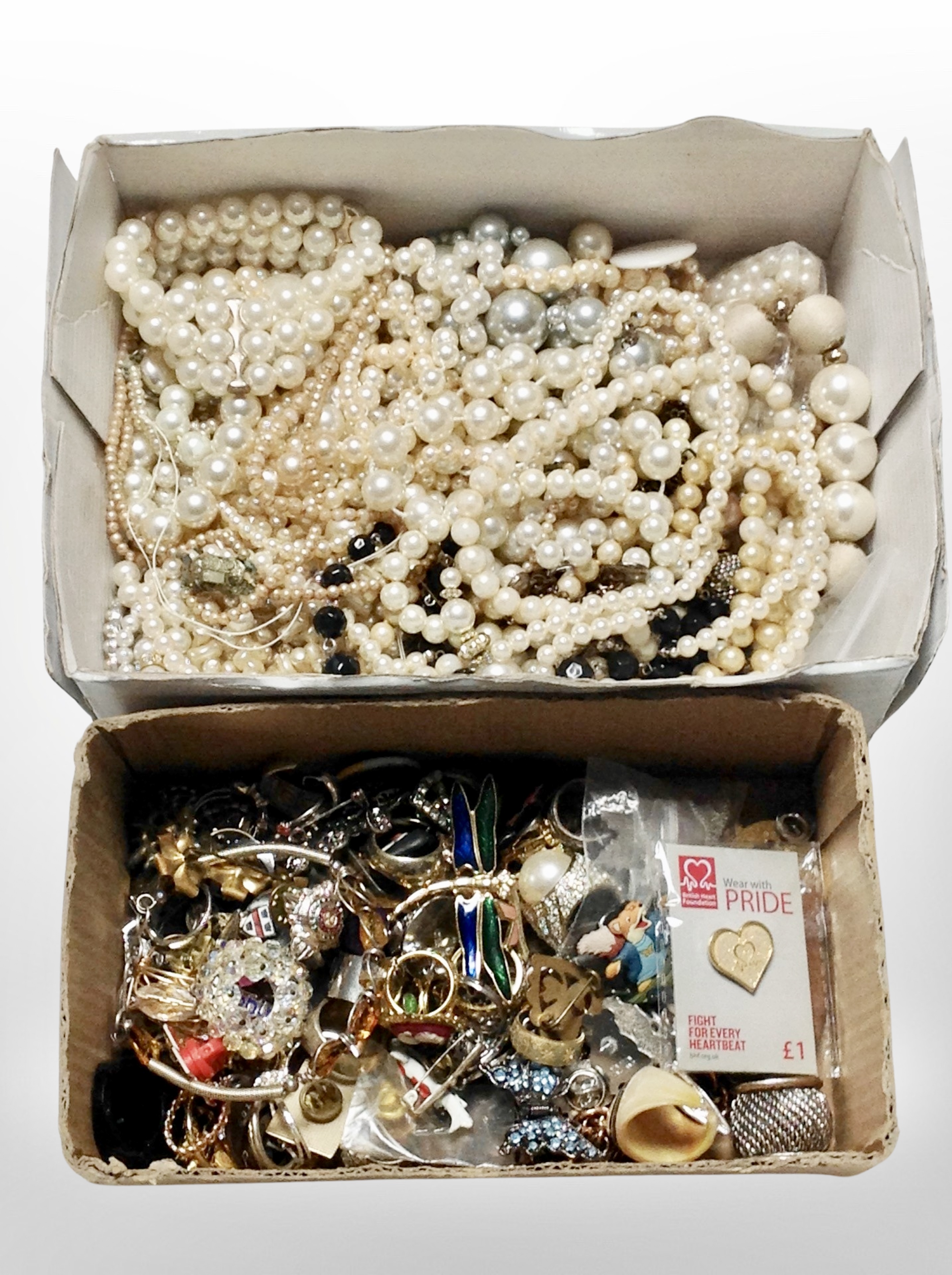 Two boxes of mixed costume jewellery, faux pearls, bangles,