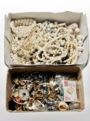 Two boxes of mixed costume jewellery, faux pearls, bangles,