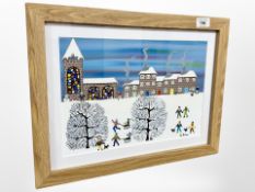Gordon Barker : Figures playing in snow, acrylic, 34 cm x 24 cm, framed.