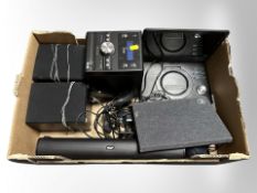 A box of electricals including JVC sound bar, Logik mini hi/fi, portable DVD player,