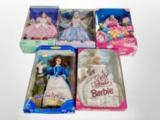 Five boxed Barbie dolls, including Peppermint Candy Cane, Barbie had a little lamb, Swan Lake,