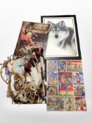 A box of Native American decorations, dreamcatchers, related pictures,