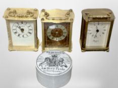 Three brass cased carriage clocks and a Burgess's Genuine anchovy paste ceramic pot with lid